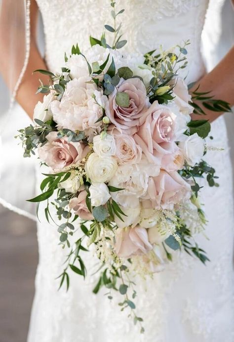 Sage Green And Blush Centerpieces Wedding, Bridal Bouquet Roses Blush, Bridal Bouquet Roses And Peonies, White And Pink Wedding Flowers Bouquet, Wedding Bouquets Bride Dusty Rose, Blush Bride Bouquet Wedding, Dusty Rose Summer Wedding, Rose Pink Wedding Bouquet, Small Cascade Bridal Bouquet