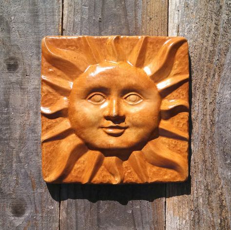 8 Square Sunface Wall Plaque Hanging Tile by SantaCruzStoneworks, $24.95 Sun Faces Art, Wooden Sun Wall Art, Sun Sculpture, Sun And Moon Ceramic Wall Art, Sun Gods, Clay Relief, Ceramic Sun Face Wall Hangings, Sun Faces, Ceramic Tile Art