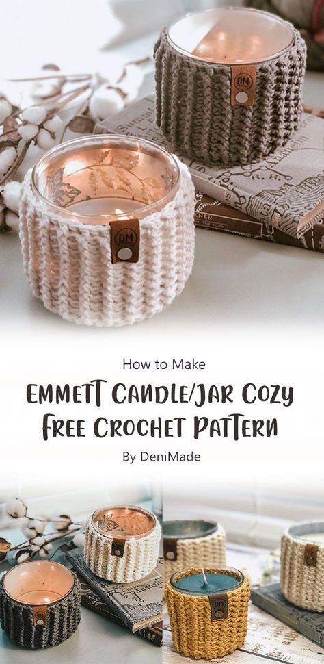 Are you looking for a fun, fast and free crochet project? Look no further. This little Emmett Candle/Jar cozy will keep your candles safe and looking pretty. You can use this pattern to make your own jar cozy. Farmhouse Granny Square, Crochet Candle Holder Pattern, Crochet Candle Cozy, Blanket Crochet Ideas, Crochet Candle Holder, Granny Square Blanket Crochet, Crochet Candle, Crochet Jar Covers, Mason Jar Cozy