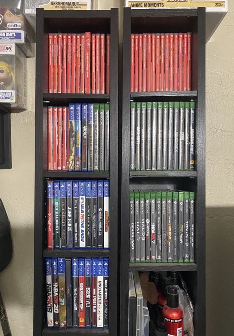 Current video game collection Game Collection Display, Video Game Storage Ideas, Video Game Display, Video Game Shelf, Video Game Organization, Game Shelf, Video Game Storage, Setup Inspiration, Fun Living Room