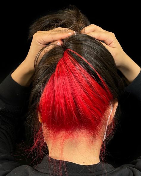 fire red peekaboo hairstyle Hidden Red Hair Color, Red Hidden Hair Color, Red Under Dye Hair, Black And Red Peekaboo Hair, Under Hair Color Red, Red Under Hair, Red Hair Peekaboo, Peekaboo Red Hair, Red Peekaboo Hair