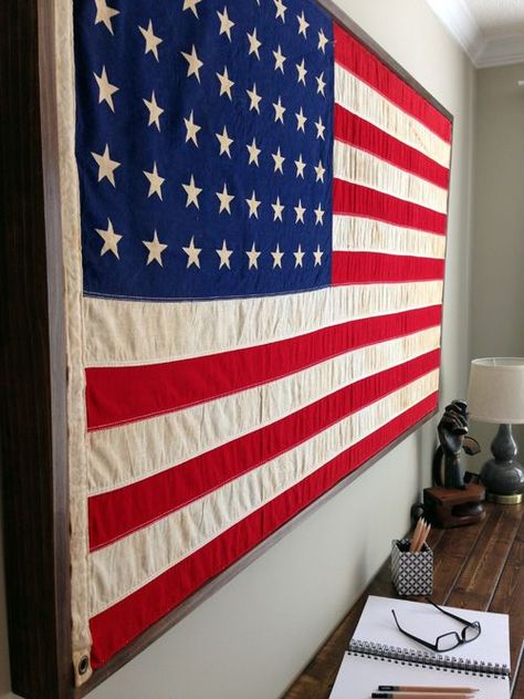 Restoration Hardware American Flag Hack | Lord Wallington Home ... American Flag Living Room, Restoration Hardware Design, Framed American Flag, Restoration Hardware Home, Flag Hanging, Flag Display, Cottage Market, Framed Flag, Patriotic Decor