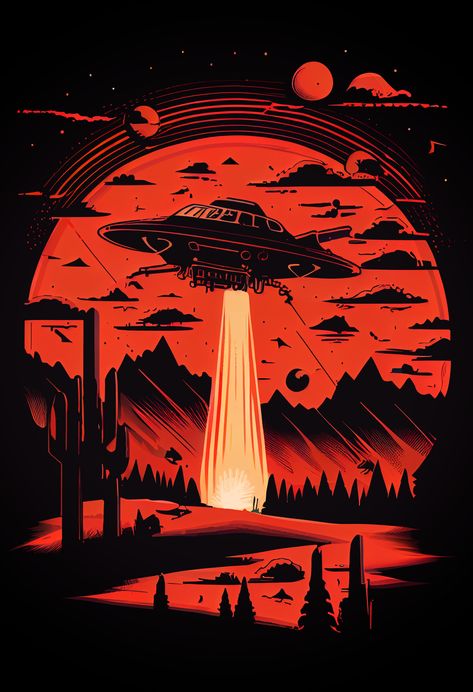 Alien Spaceship Art, Alien Abduction Art, Alien Graphic Design, Ufo Illustration, Science Fiction Aesthetic, Alien Illustration, Retro Space Posters, Alien Poster, Vintage Futurism