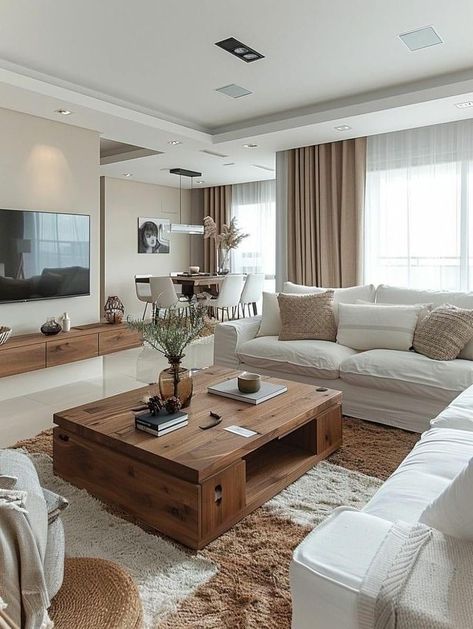 Off White And Brown Living Room, Room Ideas White And Brown, White Carpet Living Room Ideas, White And Brown House Decor, White And Brown House Interior, Cream And Wood Living Room Ideas, White And Brown Living Room Decor, Modern Rustic Small Living Room, Brown And White Living Room Ideas