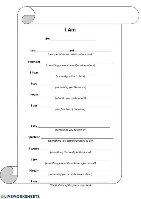 Ejercicio de I am poem I Am Poem Template, Poem Worksheet, I Am Poem, Poetry Worksheets, Poem Template, Essay Writer, Science Worksheets, Writing Poems, Grade 6