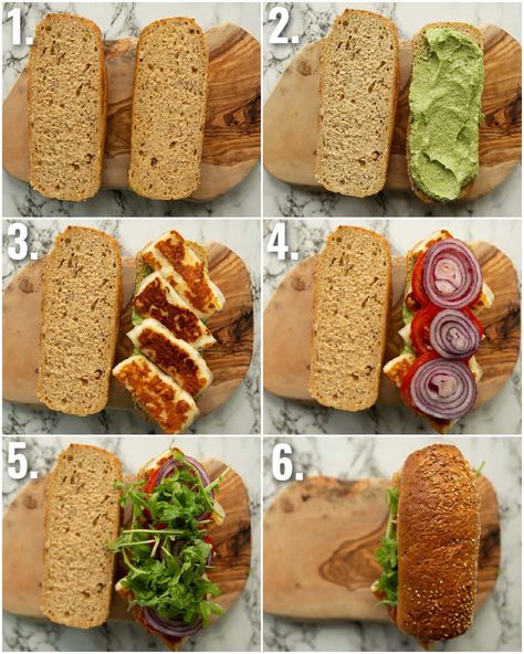 Hallumi Recipes Sandwich, Sandwich Serving Ideas, Pesto Lunch Ideas, Halloumi Lunch, Salmon Cream Cheese Bagel, Halloumi Sandwich, Sandwich With Avocado, Cooking Halloumi, Quick Sandwich