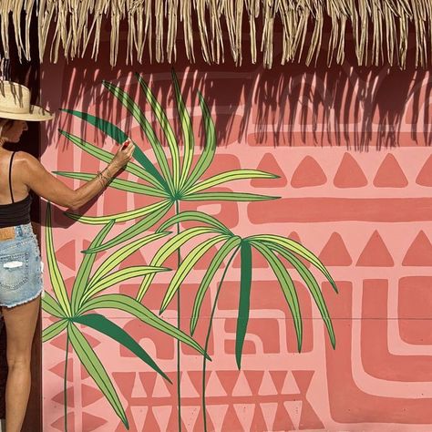 Tropical Mural Painting, Garden Wall Painting, Boho Hair Salon, Outdoor Wall Paint, Geometric Mural, Puerto Viejo Costa Rica, Dance Studio Design, Painted Mural, Garden Mural