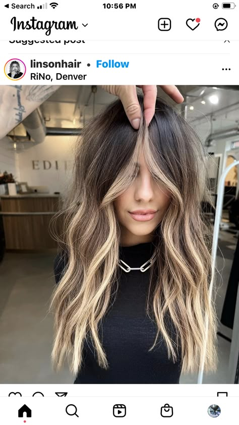 Dark Roots And Light Brown Hair, Thick Lowlights For Blondes, Lived In Ombre Hair, Brown Hair With Baylage Highlights, Money Piece Balayage Straight Hair, Brown Roots Blonde Hair Balayage, Straight Balayage Hair, Dark Hair With Light Front Face Framing, Face Framing Balayage