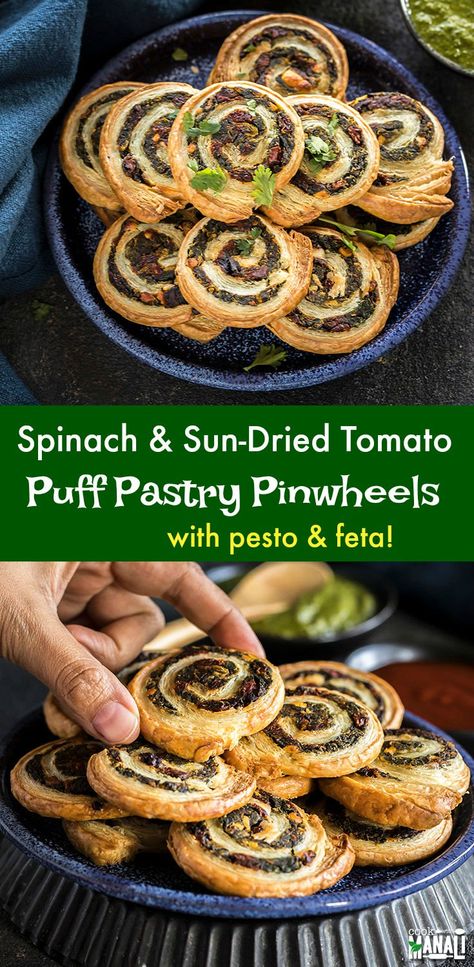 Puff Pastry Pinwheels with spinach, sun-dried tomatoes, pesto and feta! These are super easy to make and perfect to feed a crowd! You can also make these in advance, making them ideal for the holidays! #vegetarian #appetizer #puffpastry via @cookwithmanali Savoury Pinwheels, Veggie Pastry, Antipasto Platters, Appetizers Cold, Thanksgiving Vegetarian, Pastry Pinwheels, Snack Platters, Puff Pastry Pinwheels, Vegetarian Appetizer