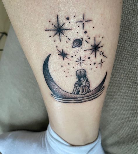 My daughter sitting on the moon looking up to the sky Moon Tattoo For Daughter, Moon Daughter Tattoo, Lucy In The Sky Tattoo, Man On The Moon Tattoo, Sitting On Moon Tattoo, Moon Girl Tattoo, Sky Tattoos For Women, Kid Tattoos For Moms, Moon Child Tattoo