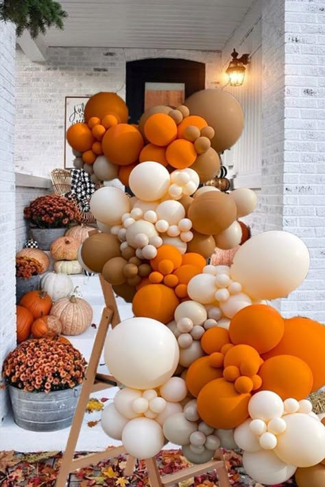 Burnt Orange Brown And Cream Wedding, Thanksgiving Balloon Arch, Fall Theme Birthday Party, Fall Balloon Decor, Fall Balloon Arch, Autumn Birthday Theme, Orange Baby Shower Decorations, Thanksgiving Dinner Decor, Orange Birthday