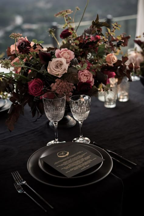 Malibu Rocky Oaks Wedding, Dark Wedding Theme, Rustic Wedding Decorations, Goth Wedding, Dark Wedding, Moody Wedding, Fall Wedding Colors, Table Styling, Wedding Table Decorations