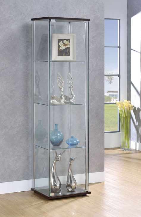 Free 2-day shipping. Buy Coaster Company Curio Cabinet, Chrome/Cappuccino at Walmart.com Tower Cabinet, Glass Curio Cabinets, Exterior Panels, Glass Shelving, Support Beams, Glass Cabinets Display, Contemporary Cabinets, Tempered Glass Shelves, Tempered Glass Door