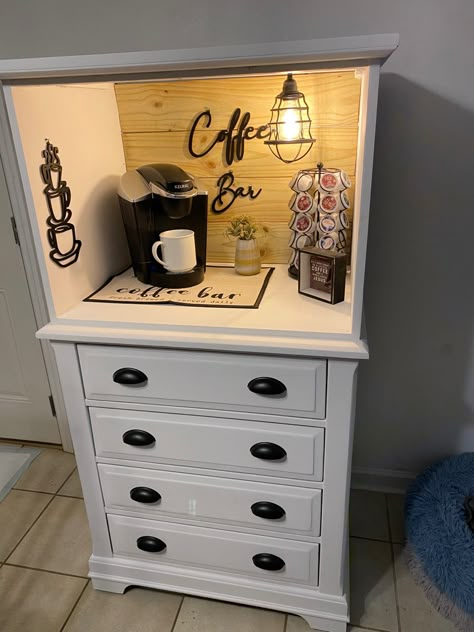 Diy Built In Coffee Station, Furniture Flipping Business, Diy Coffee Station, Coffee Station Kitchen, Farmhouse Coffee Bar, Coffee Bar Station, Coffee Bar Design, Grey Kitchen Designs, Coffee Nook