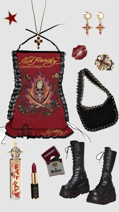 Ed hardy outfit #edhardy #outfit #outfitideas #grunge Ed Hardy Aesthetic, Ed Hardy Outfit, Nana Clothes, Plus Size Aesthetic Outfits, Mcbling Fashion, Silly Clothes, Career Outfits, Birthday Fits, Alt Outfits