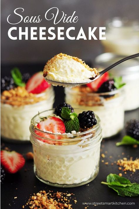 Sous vide cheesecake in jars is the easiest and most foolproof way to make the perfect cheesecake consistently without cracks or hassle. Sous Vide Cheesecake, Sous Vide Dessert, The Perfect Cheesecake, Instant Pot Sous Vide, Healthy Cheesecake Recipes, Perfect Cheesecake, Individual Cheesecakes, Healthy Cheesecake, Pizza Snacks