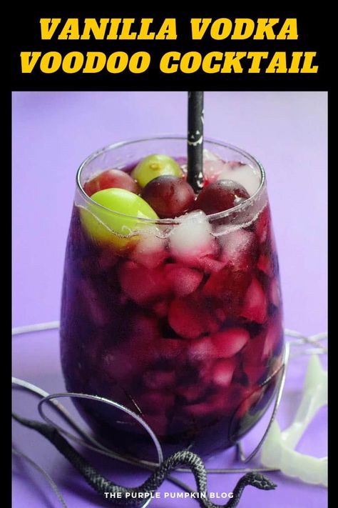 Our Voodoo Cocktail made with vodka, vanilla liqueur, and red grape juice is perfect for any Halloween themed get-togethers you are planning! And if you're not, this deep red cocktail is perfect to enjoy on those cold fall nights! #HalloweenCocktails #ThePurplePumpkinBlog Voodoo Drink Recipe, Voodoo Cocktail Recipe, Grape Vodka Recipes, Voodoo Cocktail, Pappadeaux Recipe, Grape Juice Drinks, Grape Vodka, Cocktails Made With Vodka, Vanilla Liqueur