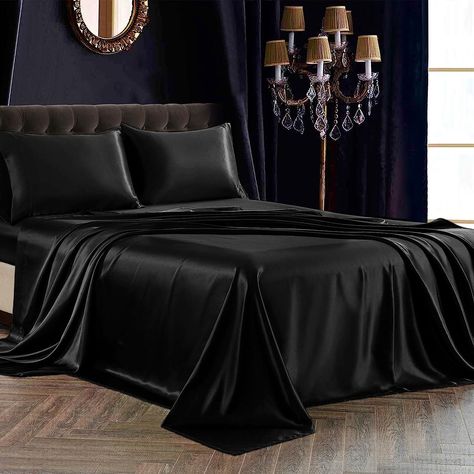 Black Full Bed Sheets, Silk Black Bed Sheets, Black Velvet Bed Sheets, Good Night Bed Images, Black Satin Pillow, Silk Bed Sheets, Queen Size Bed Sets, Queen Bed Sheets, Silk Bedding Set