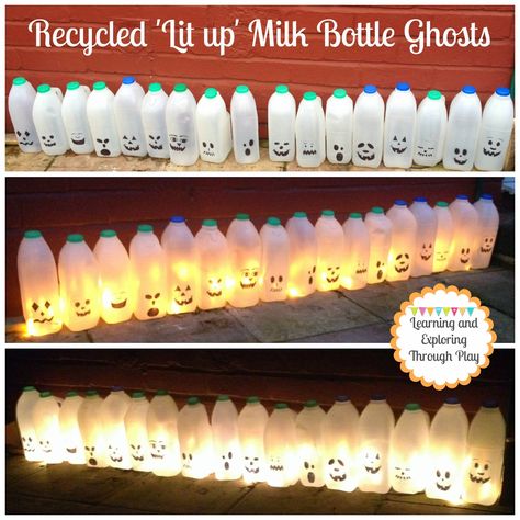 Recycled Lit up Milk Bottle Ghosts. Learning and Exploring Through Play. Milk Bottle Halloween Crafts, Milk Carton Ghosts Glow Sticks, Milk Bottle Ghosts, Halloween Milk Bottle Ghosts, Ghost Made From Milk Jugs, Upcycled Halloween Decorations, 2 Liter Bottle Crafts Halloween, Recycled Decorations, Milk Jug Ghosts