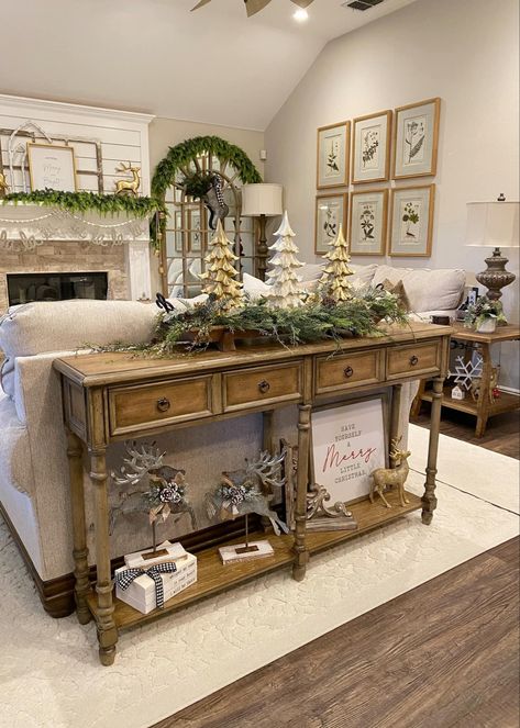 Christmas Decorated Sofa Tables, Living Room Center Table Decoration Christmas, Decorating Sofa Table For Christmas, Xmas Console Table Decor, Sofa Table Behind Couch Christmas Decor, Behind Couch Christmas Decor, Farmhouse Christmas Console Table Decor, Christmas Decor Sofa Table, Christmas Decor Ideas Console Table