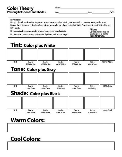 Shading Worksheet, Tints Tones And Shades, Color Theory Worksheet, Color Wheel Worksheet, Art Handouts, Color Theory Art, Color Lessons, Art Theory, Elements And Principles