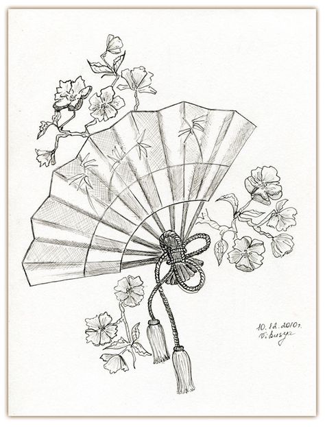 Asian Fan Drawing, Paper Fan Drawing, Japanese Fan Art, Paper Fan Tattoo, Chinese Fan Drawing, Japanese Drawing Ideas, Japanese Sketch Art, Asian Fan Tattoo, Japanese Fan Drawing