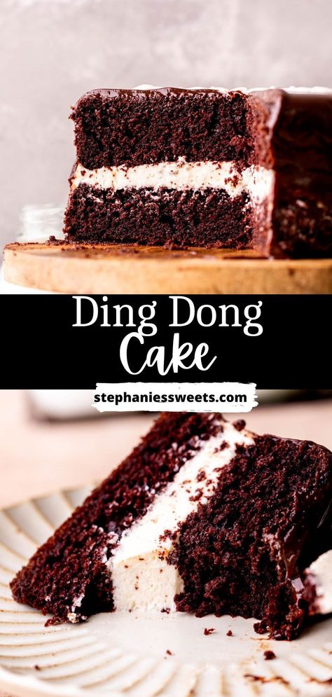 This homemade Ding Dong is a 6-inch cake with moist chocolate cake layers, a cream center, and chocolate ganache on top. It is everything great about Ding Dongs, but even better! Ding Dong Cake, Ding Dongs, Homemade Chocolate Cake, Torte Cupcake, Holiday Dessert Recipes, Chocolate Layer Cake, Homemade Cake, Cream Filling, Homemade Cake Recipes