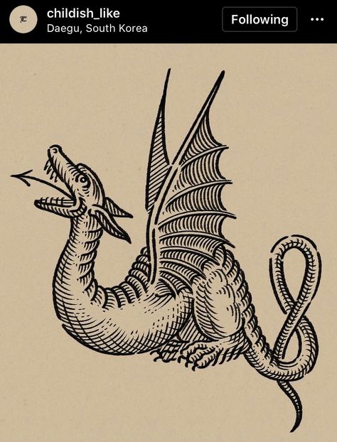 Winged Serpent Tattoo, Woodcut Dragon Tattoo, Green Knight Tattoo, Woodcut Tattoo Nature, Medieval Dragon Drawing, Medevil Tattoo Designs, Etching Tattoo Linework, Medieval Art Illustration, Line Dragon Tattoo