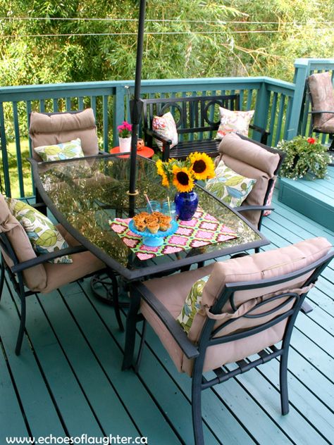 Coloured deck ideas Painted Deck, Deck Makeover, Blue And White Rug, Aqua Paint, Colorful Patio, Deck Colors, Deck Paint, Wooden Porch, Paint Color Inspiration