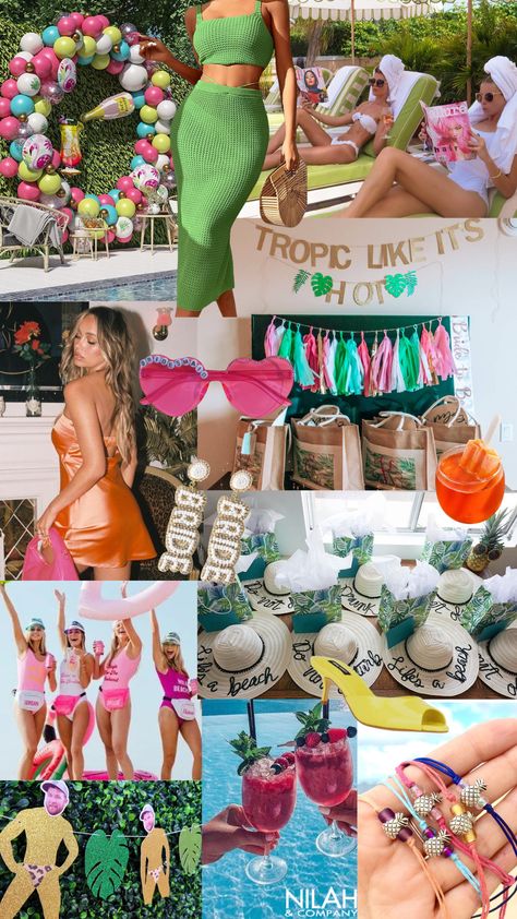 Tropical Bachelorette Party Outfits, Tropic Like Its Hot Bachelorette Party, Tropic Like Its Hot Bachelorette, Luau Bachelorette Party, Bride Era, Rehearsal Dinner Outfits, Bachelorette Party Themes, Tropical Theme, Dinner Outfits