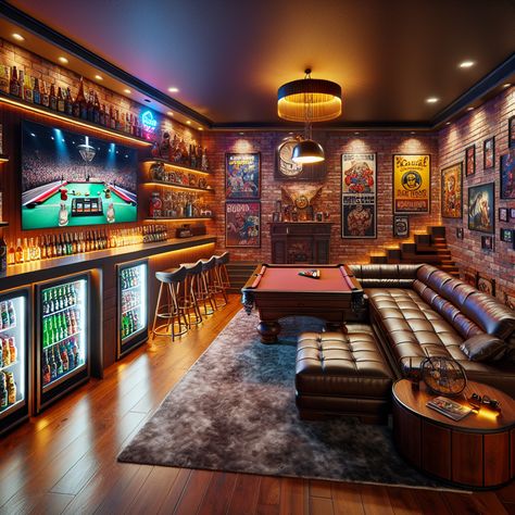 This relaxing man cave features a loaded mini fridge, sleek bar area, oversized L-shaped couch, and large plasma TV. It's complete with a pool table, sports memorabilia, and a bookshelf of reads. Warmly decorated with a plush rug underfoot. #ManCave #HomeBar #GameRoom #SportsMemorabilia #HomeDecor #EntertainmentRoom Man Cave With Pool Table And Bar, Cool Basement Ideas Hangout Room, Bar Room Ideas In House, Basement Man Cave Ideas, Games Room Ideas, Man Cave Designs, Industrial Man Cave, Best Man Caves, Small Man Cave