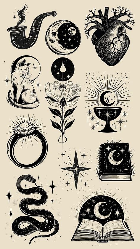 Editable aesthetic tattoo design element set | premium image by rawpixel.com / Aum Aesthetic Tattoo Design, Cat Black And White, Mystical Cat, Candle Flame, Black And White Stickers, Flowers Vector, Cat Flowers, White Illustration, Awesome Designs