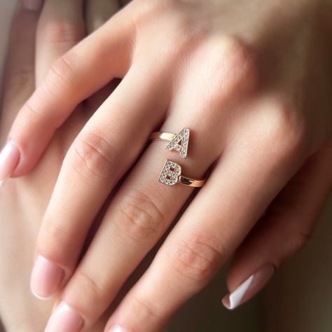 Double Initial Ring For Couples, CZ Two Initial Ring, Adjustable Silver Ring, CZ Custom 2 Letter Ring, Personalized Anniversary Gift For Her Couple Letter Ring, Ladies Rings, 2 Letter, Personalized Anniversary Gifts, Letter Ring, Gold Ring Designs, Personalized Anniversary, Initial Ring, Anniversary Gift For Her