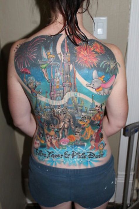 Disney back piece with multiple disney characters Cinderella Tattoo, Disney Castle Tattoo, Cute Disney Tattoos, Tattooed People, Backpiece Tattoo, Tattoo Disney, Castle Tattoo, Tattoos Quotes, Women Tattoos