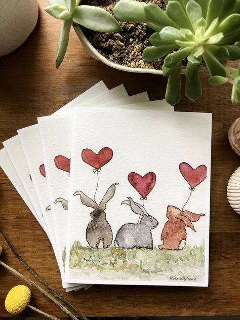 Excited to share the latest addition to my #etsy shop: Bunnies with Heart Balloon Valentine Watercolor Card- Set of Five Cards Watercolour Valentine Cards For Him, Valentines Cards Painted, Watercolor Valentine Cards For Kids, Watercolour Valentine Cards, Valentine’s Day Card Ideas, Valentine’s Day Watercolor, Valentines Day Paintings, Valentine’s Day Art, Valentine’s Day Cards Diy