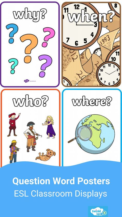 English question posters that include the words who, what, where, when, why and how. They are a great ESL or EFL classroom display or decoration. English Corner Classroom Ideas, English Classroom Decoration, Esl Classroom Decor, English Decoration, English Display, English Poster, English Classroom Decor, English Corner, Question Words