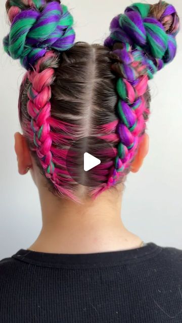 Dutch Braids With Space Buns, Feed In Space Buns, Space Buns With Color Extensions, Dutch Braids With Extensions Tutorial, Dutch Braids With Color Extensions, Dutch Braid Space Buns, Dragon Braids With Extensions, How To Do Bubble Braids Step By Step, Space Bun Braids