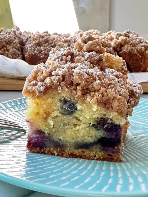 Gluten-Free Blueberry Crumb Cake – healthyGFfamily.com Gluten Free Blueberry Coffee Cake, Blueberry Bunt Cake, Blueberry Crumble Coffee Cake, Gluten Free Blueberry Crisp, Blueberry Bundt Cake Recipes, Gf Cake Recipe, Blueberry Recipes Breakfast, Gf Cake, Blueberry Muffin Mix