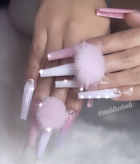 Puff Ball Nails, Pompom Nails, Ongles Bling Bling, Pink Nail Ideas, Wedding Acrylic Nails, Eye Nail Art, Classy Nail Designs, Long Acrylic Nail Designs, Claw Nails