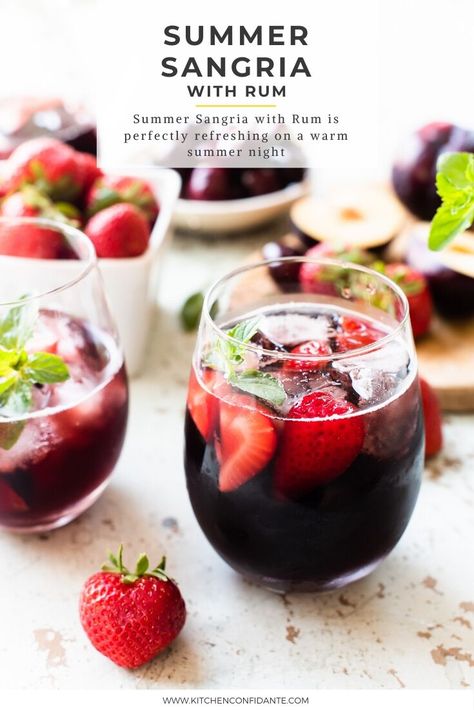 Summer Sangria with Rum is perfectly refreshing on a warm summer night thanks to the combination of wine and rum with summer fruits and lime soda. This sangria is easy to make so you can keep relaxing with your guests at your next barbecue or brunch. Enjoy all summer long!  #sangria #wine #rum #red #recipes #summer #kitchenconfidante Malibu Sangria Recipes, Red Sangria Recipes Summer, Summer Red Sangria, Dry Sangria Recipes, Sangria With Rum, Sangria Recipes With Rum, Rum Sangria, Red Recipes, Summer Sangria Recipes