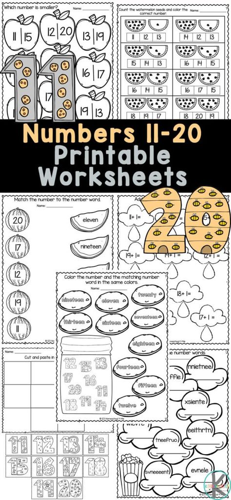 Numbers 11 20 Kindergarten, Numbers Practice Worksheets, Learning Numbers 11-20, Counting 11-20 Worksheets, Number Names 11 To 20 Worksheet, Counting To 20 Worksheets Free Printable, Count To 20 Worksheets, Number Words Worksheets Free Printable, Teaching Numbers 11-20