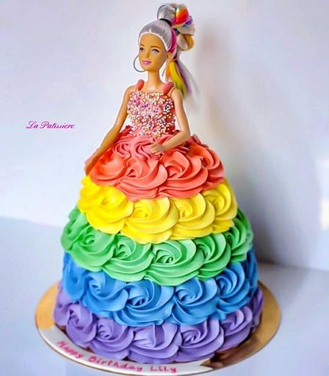 Rainbow Doll Cake, Rainbow Barbie Cake, Doll Cake Designs, Barbie Doll Cakes, Barbie Cake, Doll Cake, Rainbow Cake, Halloween Birthday, 5th Birthday