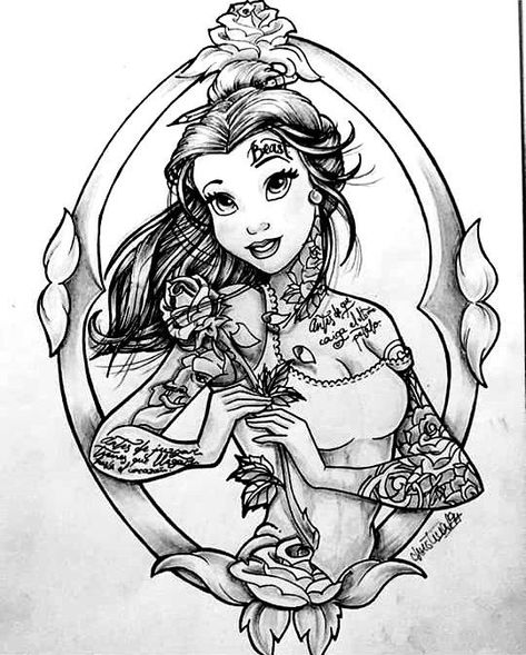 Punk Princess Tattoo, Gothic Disney Princesses Coloring Pages, Dark Disney Coloring Pages For Adults, Dark Disney Princess Tattoos, Tattooed Disney Characters, Tattooed Disney Princesses, Dark Disney Tattoos, Tattooed Princess, Gothic Disney