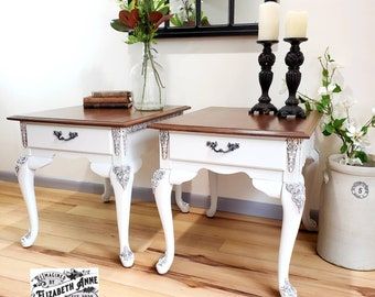 Refinished End Tables, French Provincial Nightstands, Antique End Tables, End Table Makeover, Chalk Paint Furniture Diy, Side Table Makeover, Bedroom Nightstands, White End Tables, Antique Side Table