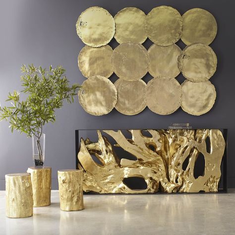 How to Make Your Home Look Like a Million Bucks – Yanko Design Log Stools, Gold Stool, Rustic Painting, Furniture Rustic, Gold Furniture, Furniture Refinishing, Furniture Wood, Hallway Table, Phillips Collection