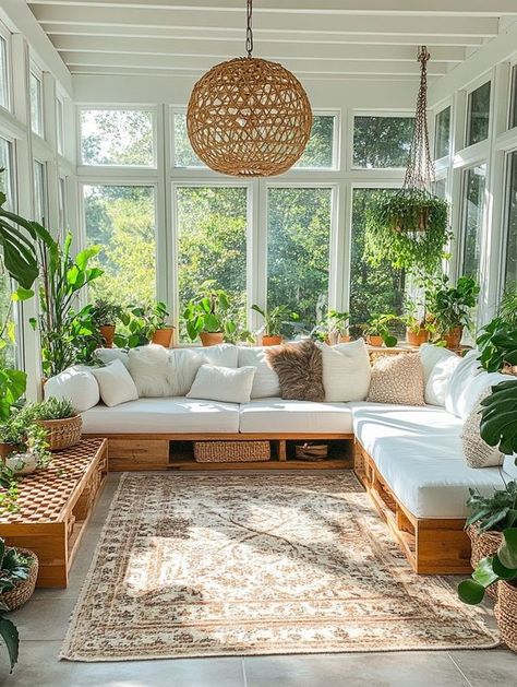 Unique Sunroom Ideas, Sunroom In House, Sunrooms With Plants, Cool Sunroom Ideas, Sunroom Sitting Area, Green Sunroom Ideas, Jungle Sunroom, Cosy Sunroom, 70s Sunroom