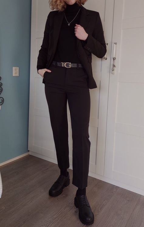 Girl wearing an all black suit with a black turtleneck and laced-up shoes. Turtle Neck Suits Men, Turtle Neck Prom Outfit Men, Boyfriend Types, Prom Outfits Men, Suit Turtleneck, Prom Fits, Prom For Guys, 2024 Moodboard, Turtle Neck Men