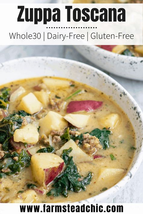 Cozy up to this Whole30 Zuppa Toscana (Dairy-Free Potato Soup Recipe) tonight! Packed with potatoes, sausage and fresh crunchy kale swimming in a lightly spiced broth, you'll think you're at Olive Garden (minus the guilt)! You'll fall in love with this healthy, dairy-free, gluten-free Olive Garden Zuppa Toscana copycat recipe once you give it a try. Dairy Free Potato Soup, Zuppa Toscana Soup Olive Garden, Sausage Kale, Zuppa Toscana Soup, Toscana Soup, Photo Food, Free Lifestyle, Spicy Sausage, Potato Soup Recipe