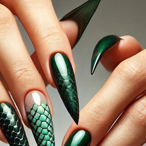 Tamara Margaryan on Instagram: "Green Ombre and Reptile Pattern Nail Art  Description: Show off your style with this striking nail art featuring a green ombre design and a detailed reptile pattern! The glossy and intricate design is sure to catch everyone's eye.  #nailart #ombrènails #reptilepattern #greennails💚 #acrylicnailstutorial" Reptile Nails Design, Indi Nails, Alligator Nails, Reptile Nails, Pattern Nail Art, Reptile Pattern, Ombre Design, School Snack, Art Description