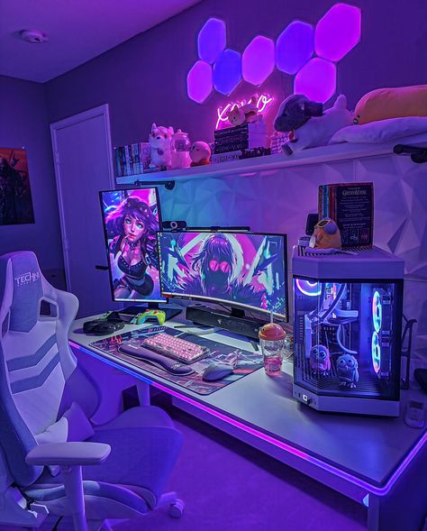 A look at the other side of the room, Jadyn's setup just to mix things up. Hope you all have a good day. Our roof is being replaced and it sounds like I'm at under attack 😅 . . Shot with @samsungus S22 Ultra . . 〰️〰️〰️〰️ SUBSCRIBE TO MY YOUTUBE! youtube.com/c/PhazerOnest Link in Bio 〰️〰️〰️〰️ 👑 @Royalty.rgb Official Member 👑 〰️〰️〰️〰️ Affiliations: @sneakenergy @technisport @vyralteq 〰️〰️〰️〰️ Partners: @schimbolp @itslido @mitchs7n . . # TAGS 〰️〰️〰️〰️ #pcgamingsetup #pcgamer #gamerpc #gami... Budget Gaming Setup, Clean Gaming Setup, Gaming Room Background, Couple Gaming Room Setup, Gaming Battlestation, Set Up Gaming, Best Pc Setup, Gaming Setup Bedroom, Cool Gaming Rooms